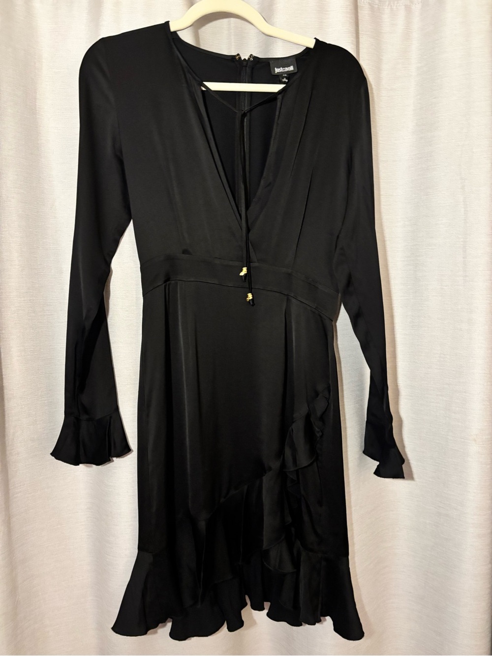 Just Cavalli Black Long Sleeve Ruffle-Trim V-Neck Dress